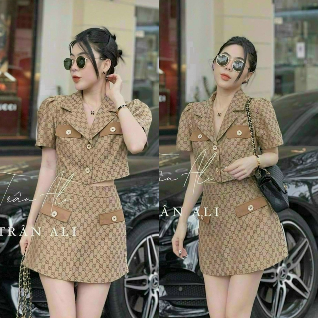 Sét bộ váy mini áo croptop cổ vest tay ngắn kiểu dáng trẻ trung sành điệu