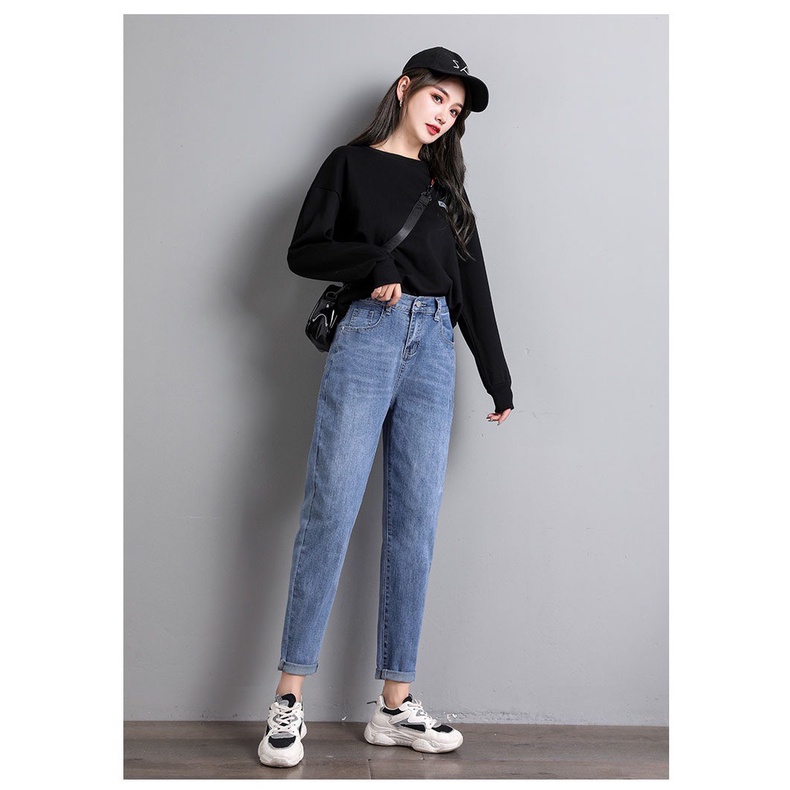 Quần jean dài phom Baggy / boyfriend co dãn mạnh, lưng cao, màu xanh đá hottrend 4088