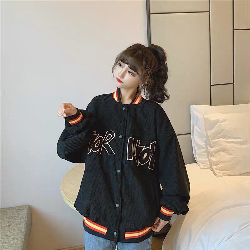 Áo khoác bomber nhung bóng chày unisex form rộng HIOK nam nữ ulzzang