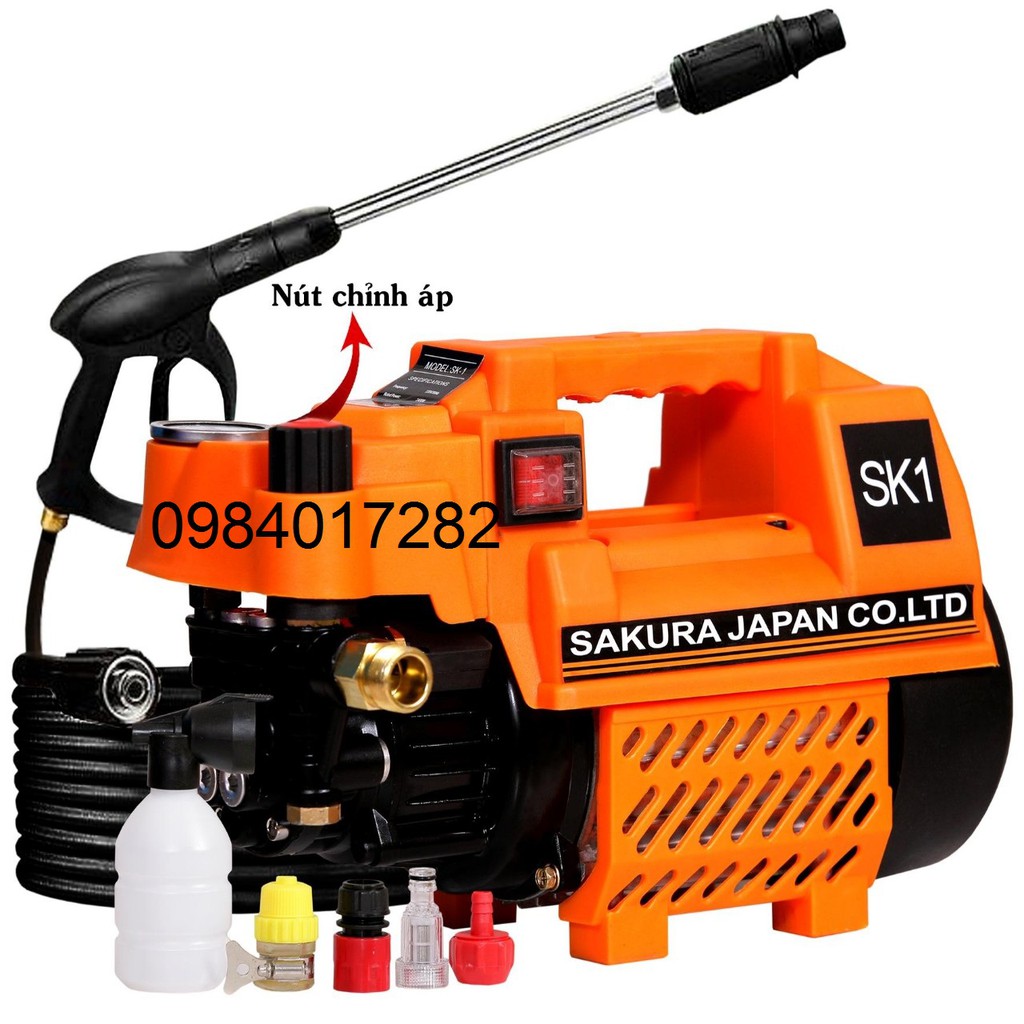 Máy Rửa Xe Chỉnh Áp SAKURA. Japan SK1. Công Suất 2400W. Có chỉnh áp trên thân máy. Máy xịt rửa xe lõi đồng 100%