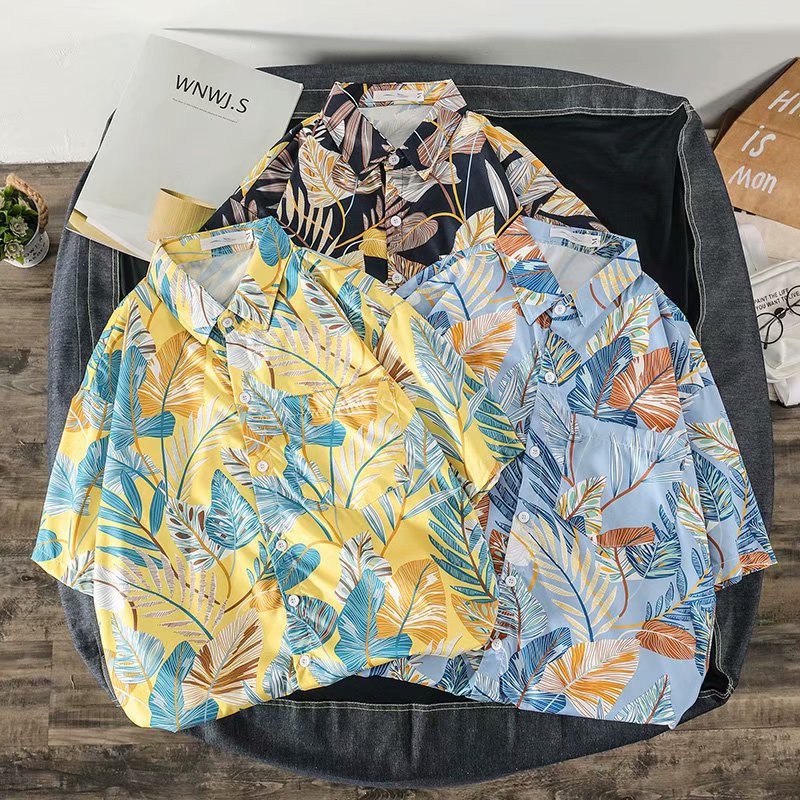 Summer Fashion Men's Summer Leaves Print Short Sleeve Shirt