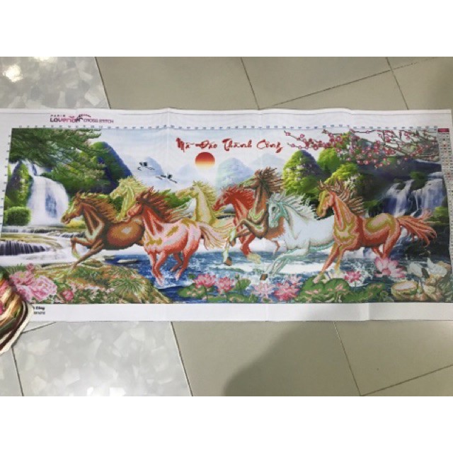 Tranh thêu mã đáo thành công 8 con ngựa 3D Lavender LV3023 Chưa thêu