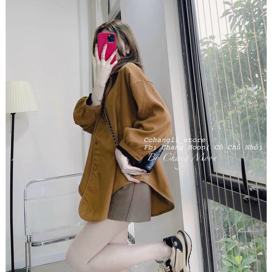 Áo sơ mi vạt bầu đuôi tôm chất thô mềm 2 màu nâu sữa áo sơ mi nữ form rộng unisex LD098