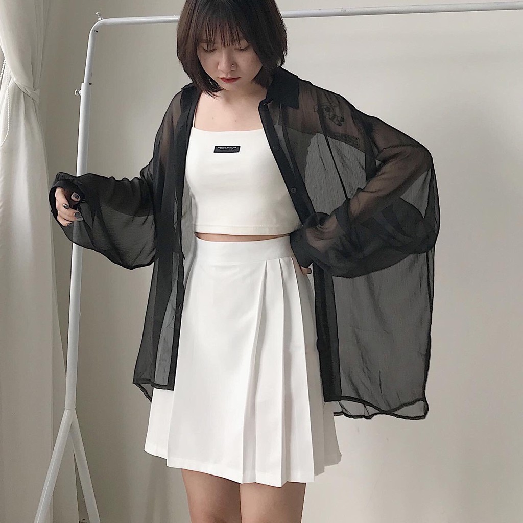 Áo Sơ Mi Nữ Form Rộng Sơ Mi Lưới Tay Dài Trơn Basic Khoác Ngoài Cá Tính Ulzzang DING Màu Đen Màu Trắng 1251