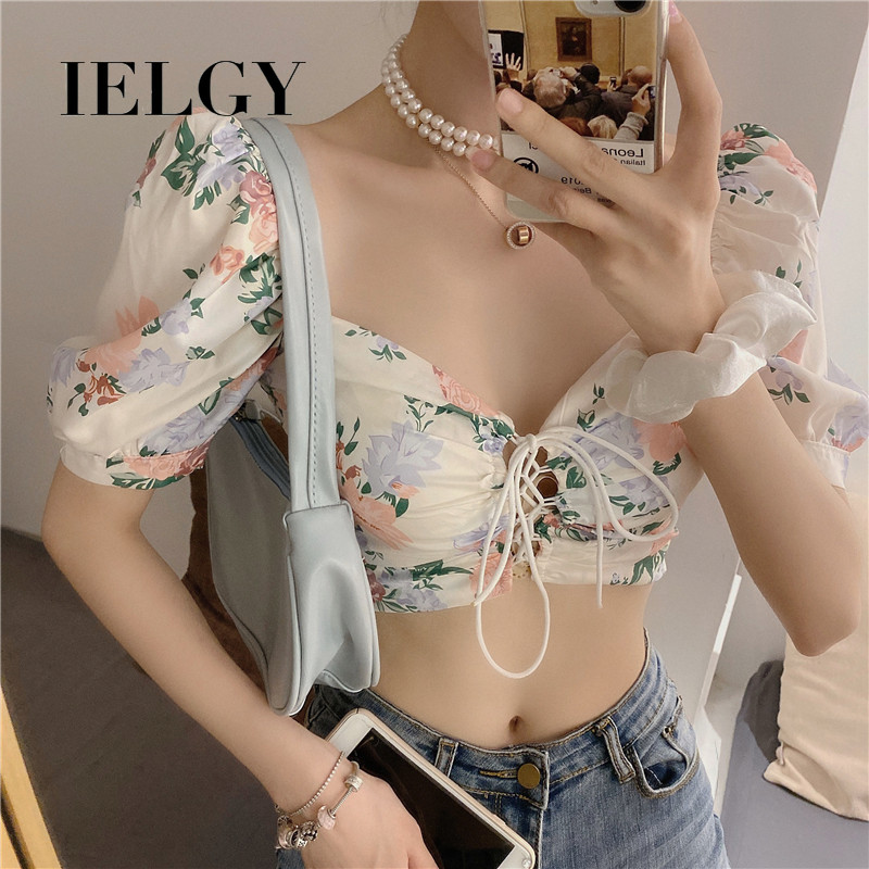 IELGY Áo crop top Ôm Dáng Tay Phồng Có Dây Cột Gợi Cảm