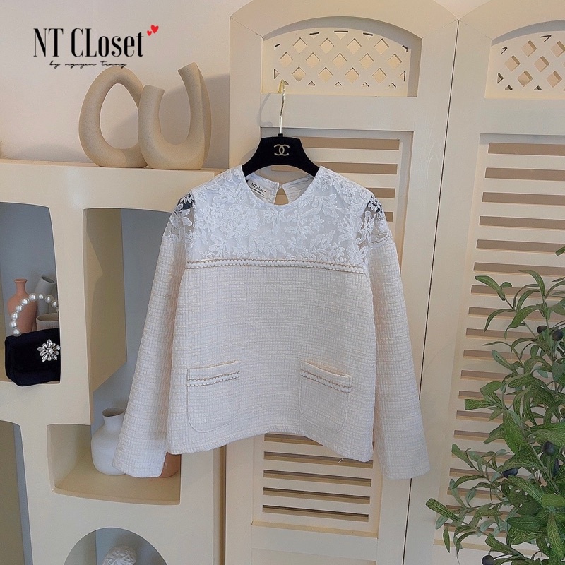 SALE Áo dạ tweed be pha vai ren chuẩn NT closet