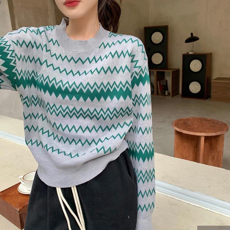 Áo sweater dệt kim cổ tròn tay dài kẻ sọc thoáng khí thoải mái thời trang Hàn Quốc cho nữ