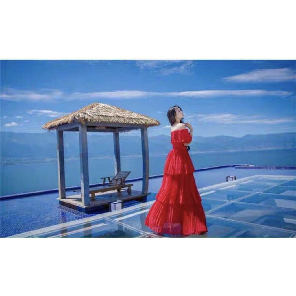 [HINOIS246] Đầm Maxi Dài Trễ Vai Dáng Tầng Xếp Li, Chất Liệu Vải Mềm Rũ Theo Người, 2 Màu Trắng - Đỏ - KÈM ẢNH THẬT