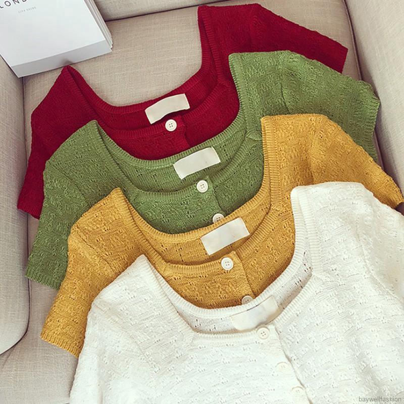 [Baywellfashion]Áo dệt kim tay ngắn phối nút thiết kế đơn giản hợp thời trang | BigBuy360 - bigbuy360.vn