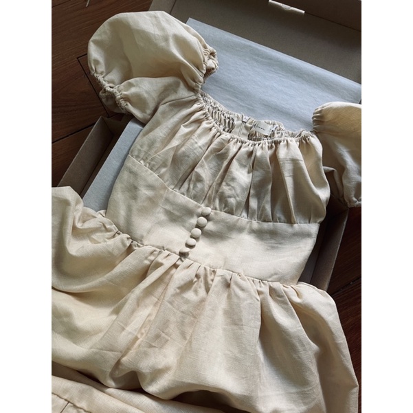 Đầm Maxi dài tay phồng nhún ngực vải Linen cao cấp