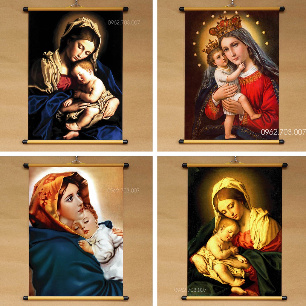 Tranh Đức Mẹ Maria bồng Chúa Jesu 40x55cm bằng vải phủ bóng cao cấp dày dặn