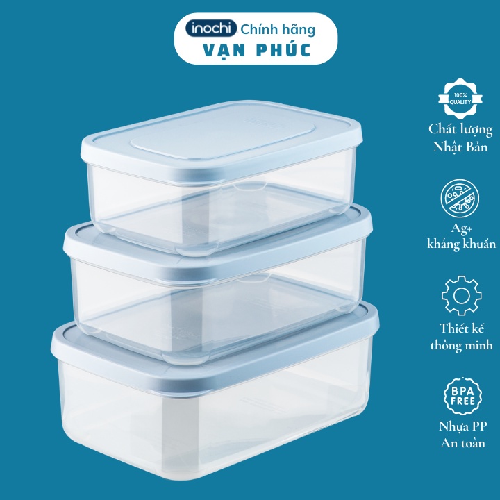 Bộ 3 hộp nhựa Inochi Hokkaido vuông 500-1000-2000ml, đựng đồ ăn, cơm văn phòng, bảo quản thực phẩm, Vạn Phúc