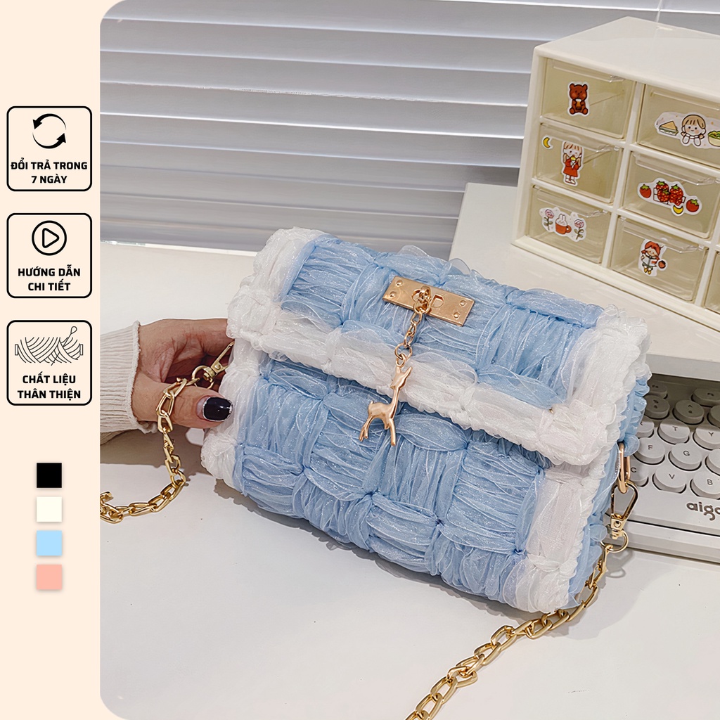 Túi tự đan handmade, túi đeo chéo ruy băng phối màu thời trang Hàn Quốc - Bộ phụ kiện đầy đủ LX303