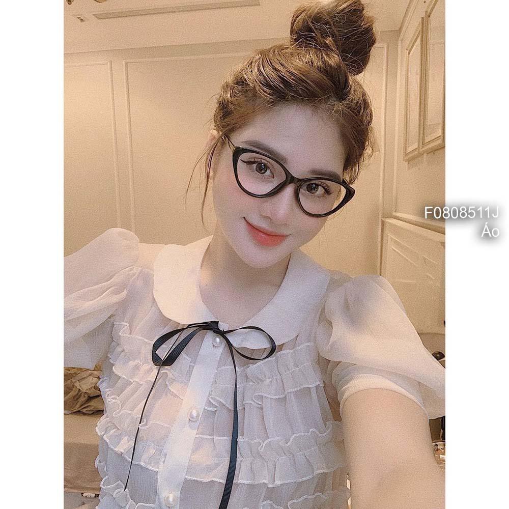 Áo sơ mi voan tơ nút ngọc phối bèo cổ sen nơ tay phồng!