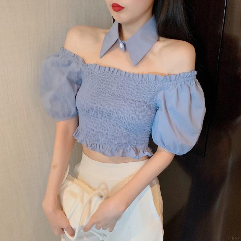 Áo Trễ Vai Màu Trơn Phong Cách Hàn Quốc Quyến Rũ Cho Nữ
