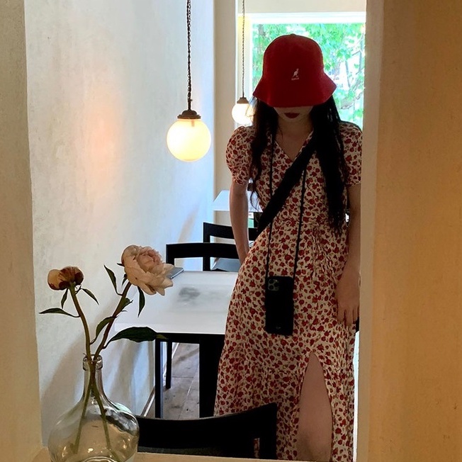 Đầm hoa ZHELIHANGFEI dáng dài cổ chữ v nhấn eo xinh xắn thời trang