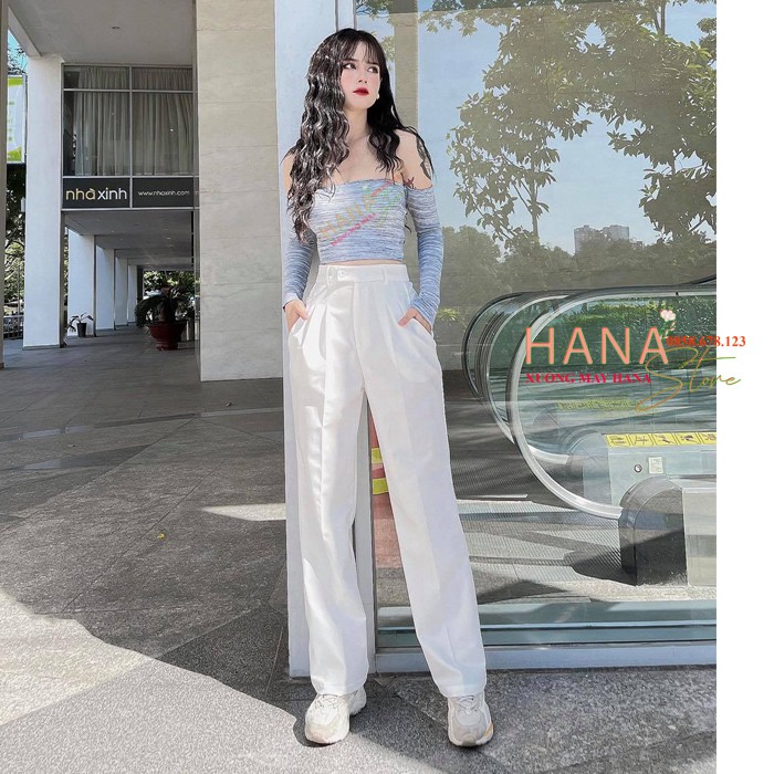 Quần ống rộng công sở nữ dài xếp ly có túi khóa - Màu Đen Trắng Be - Cạp có đai lưng cao - Vải mềm - Mặc đi làm học sinh | BigBuy360 - bigbuy360.vn