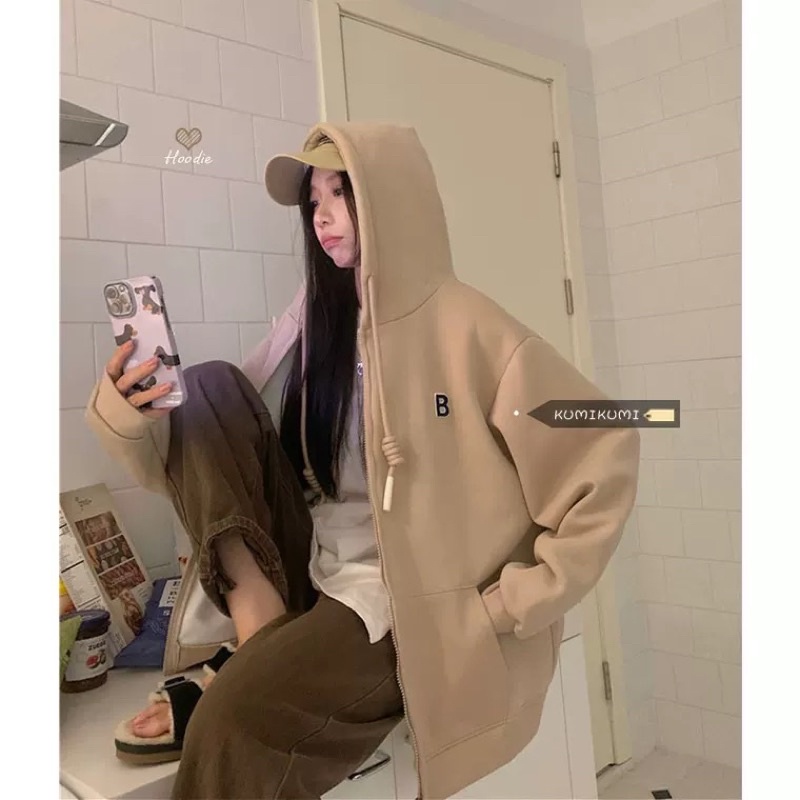 Áo khoác khoá zip có nón oversize thu đông 2023