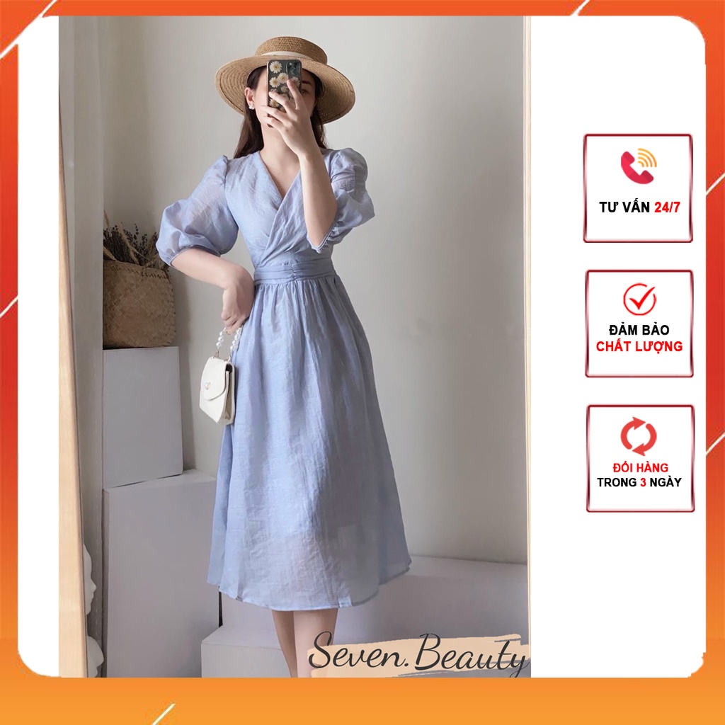 Váy nữ, đầm cổ V li eo 7.Beautiful chất tơ mềm, phong cách trẻ trung nữ tính hai màu cực xinh V106