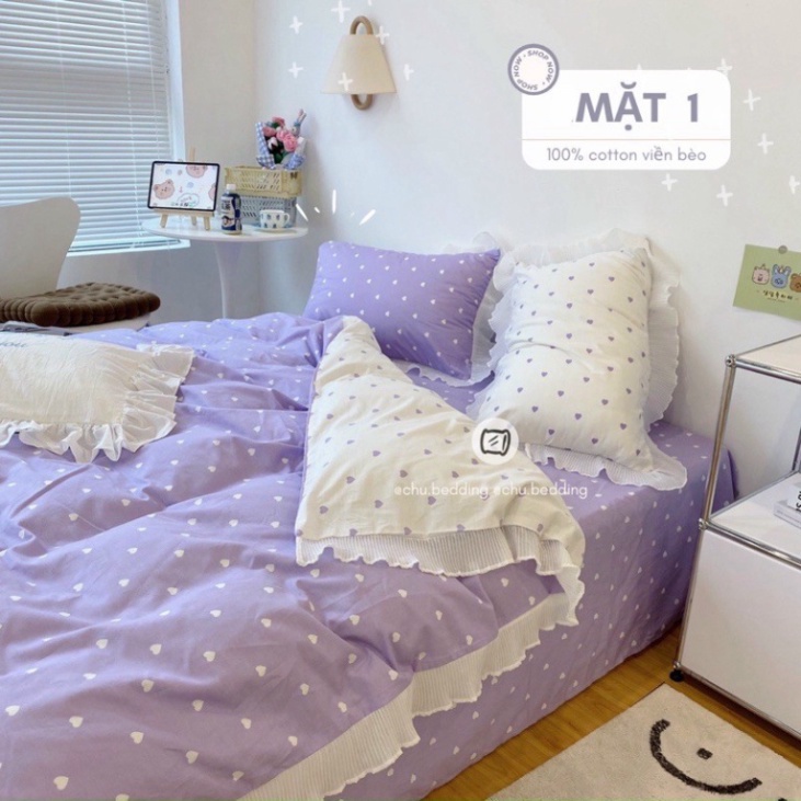 Bộ chăn ga gối chất liệu COTTON 100% viền bèo tim Châu Báu Bedding Miều Bedding