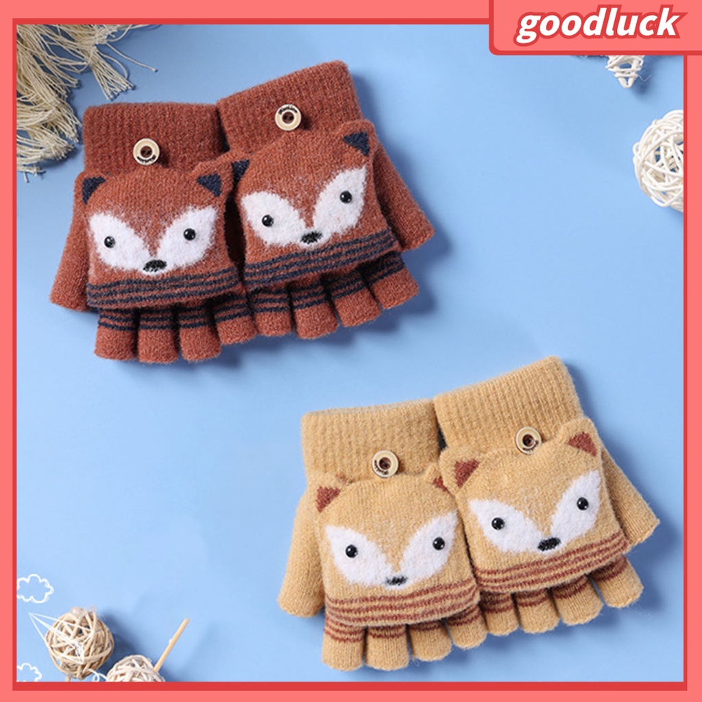1 Đôi Găng Tay Hở Ngón Co Giãn In Họa Tiết Cáo Hoạt Hình Thời Trang Mùa Đông Cho Bé Trai Và Gái 6-10 Tuổi