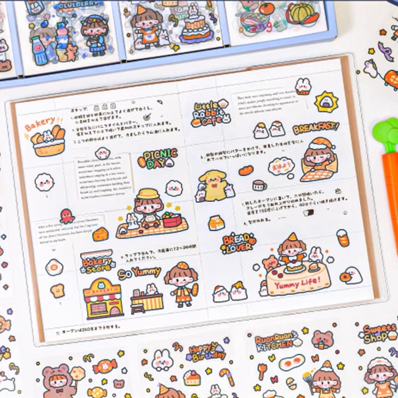 Sticker hộp 200 tấm hình dán dễ thương Ruanruan Kitchen  - Tặng Hình Xăm Dán