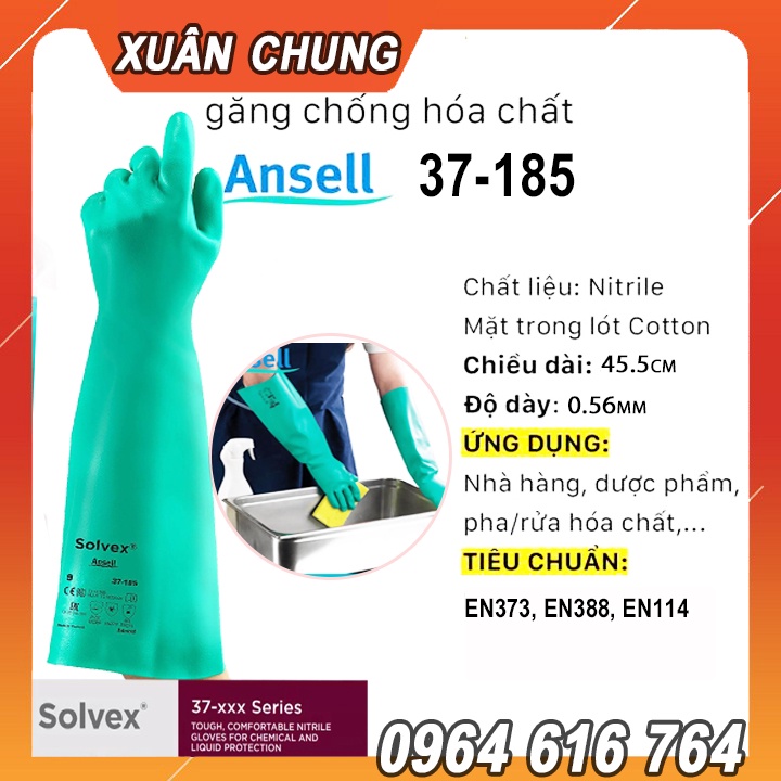 [Chính hãng] Găng tay chống hóa chất Ansell 37-185, Nitrile, Malaysia, chống dầu nhớt, chống axit, cao su xanh lá