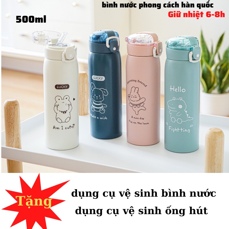 Bình giữ nhiệt INOX 304 dung tích 500ml bình nước giữ nhiệt họa tiết dễ thương có ống hút