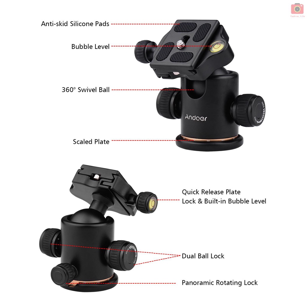 【fash】Andoer Aluminum Camera Panoramic Damper Ball Head Tripod Head 10KG Payload 360° Swivel 90° Flip with Quick Release Plate Scaled Plate Dual Bubble Level Universal 1/4in 3/8in Mounting