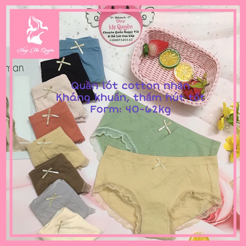 [Combo 10c] Quần lót nữ cotton nhăn đính nơ xinh xắn, chất liệu co dãn kháng khuẩn tuyệt đối