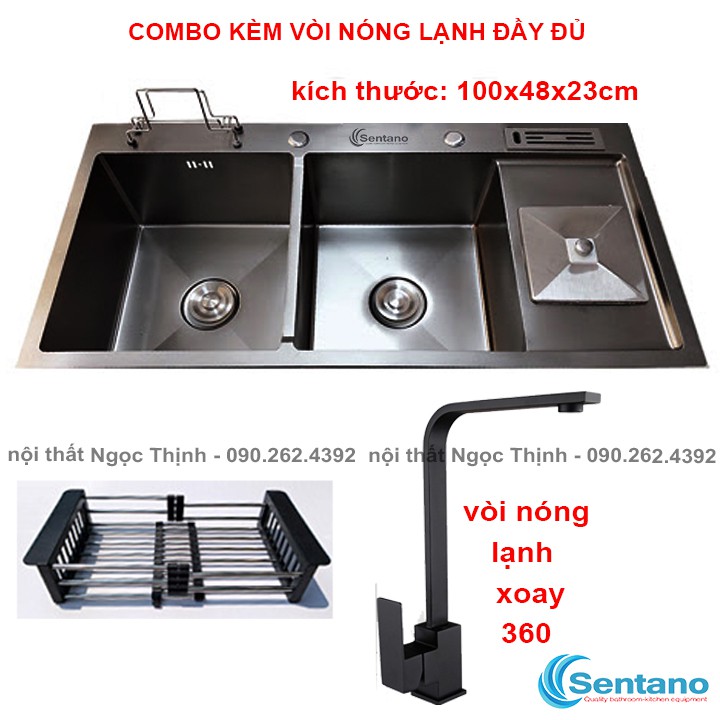 Combo Chậu rửa chén bát SENTANO inox sus304 nano đen chống trầy xước 100x48cm ( có bàn chờ và hộc chứa rác )