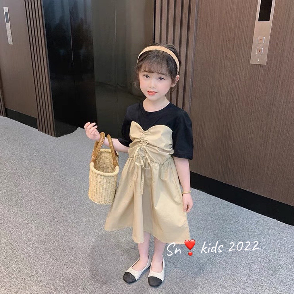 Váy nhún ngực phối tay bé gái, váy phối chun ngực chất vải thô xịn xò cho bé