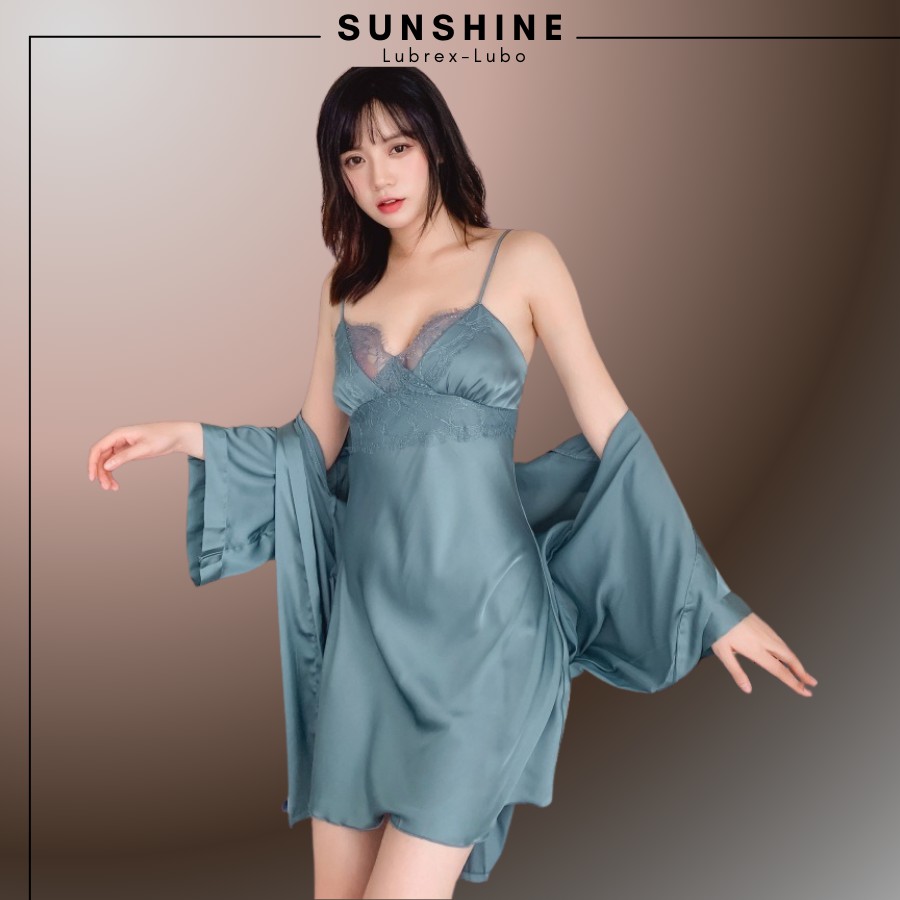 Váy Ngủ Lụa Kèm Áo Choàng Ngủ Lụa Cao Cấp CÓ MÚT NGỰC MÀU XANH SUNSHINE MNT560