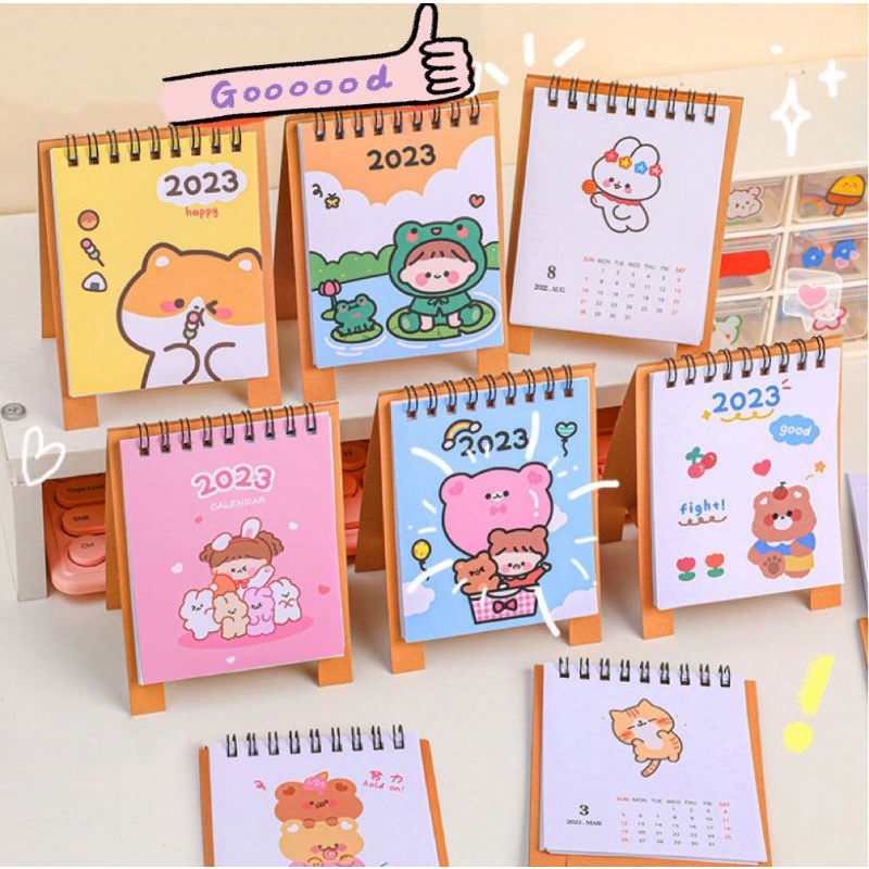 Lịch 2023 lò xo họa tiết cute nhiều hình dễ thương trang trí bàn học bàn làm việc, Sỉ lịch mini giá rẻ