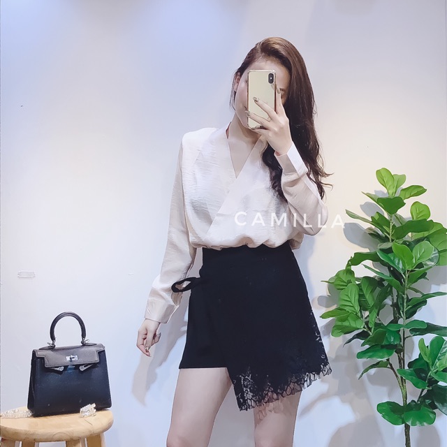 Quần váy phối ren thắt nơ hông