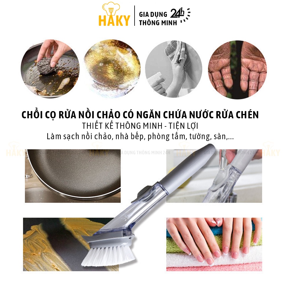 Chổi cọ rửa nồi chảo có ngăn chứa nước rửa chén tiện lợi HAKY026, bộ gồm 1 đầu chải và 1 đầu chà làm sạch nhà bếp