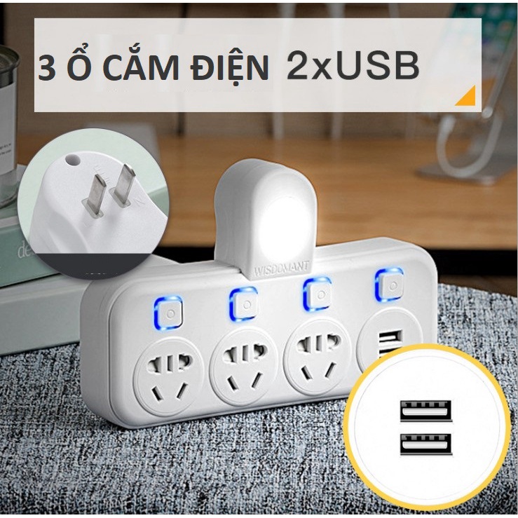 Ổ cắm điện thông minh 2 ổ cắm và 2 ổ cắm sạc USB kiêm đèn ngủ LED chống sét cao cấp mới nhất 2018