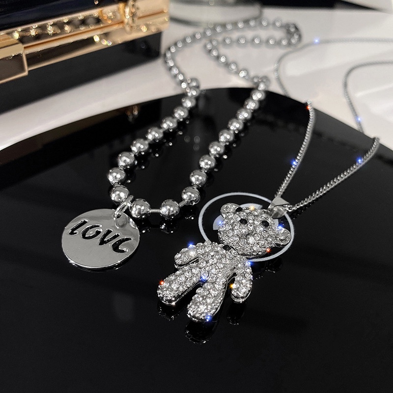 Vòng cổ Hai Lớp Bằng Thép Titan Cao Cấp Hình Gấu Đính Kim Cương Sang Trọng