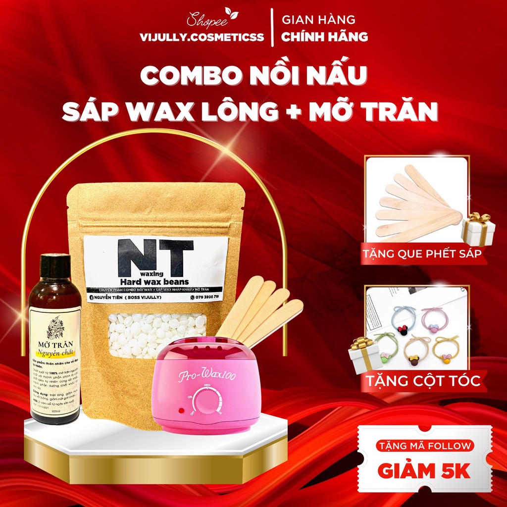 Combo triệt lông sáp wax nóng wax lông, nồi nấu sáp và mỡ trăn nguyên chất 100ml