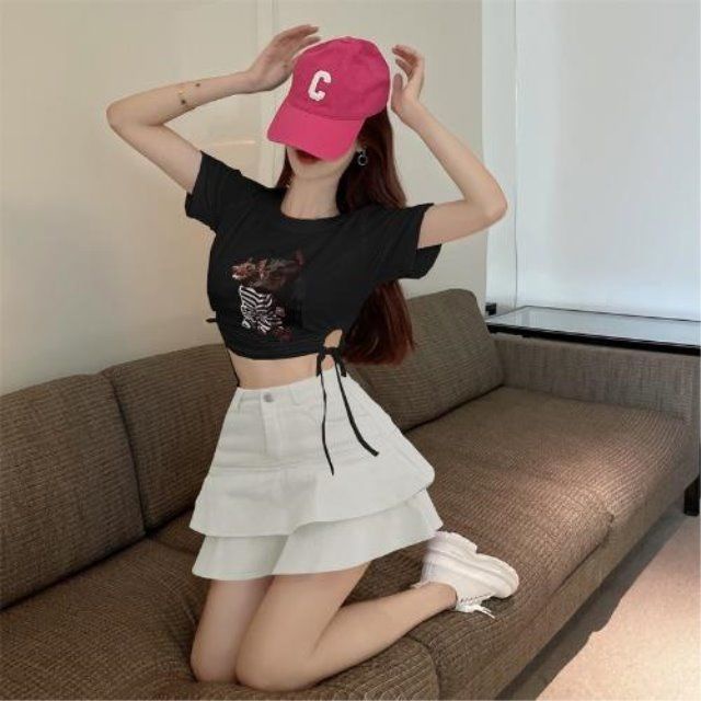 Jiashucheng Set Áo Thun Cotton Rút Dây + Chân Váy Xếp Tầng Lưng Cao Thời Trang Nữ