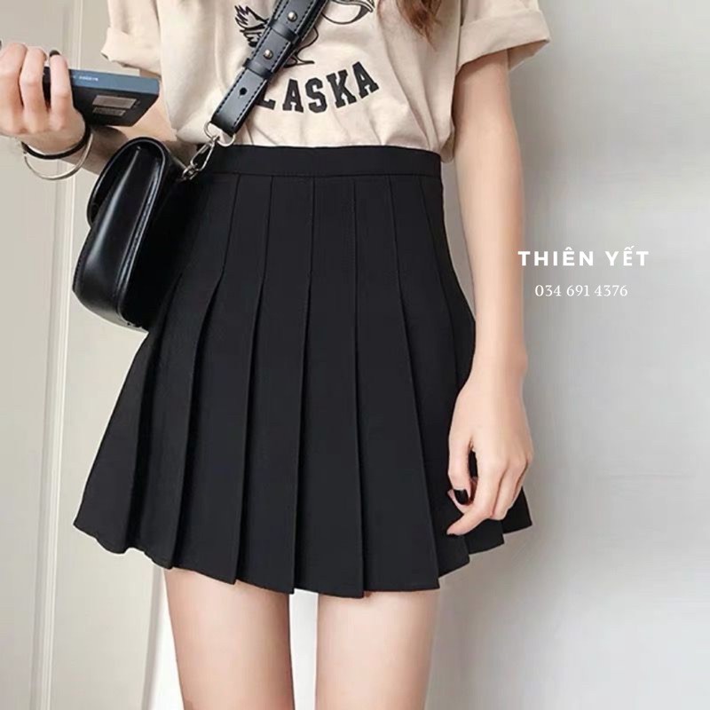Chân váy xếp ly TENNIS ngắn ĐEN tuyền có quần trong hình thật nữ - Thiên Yết
