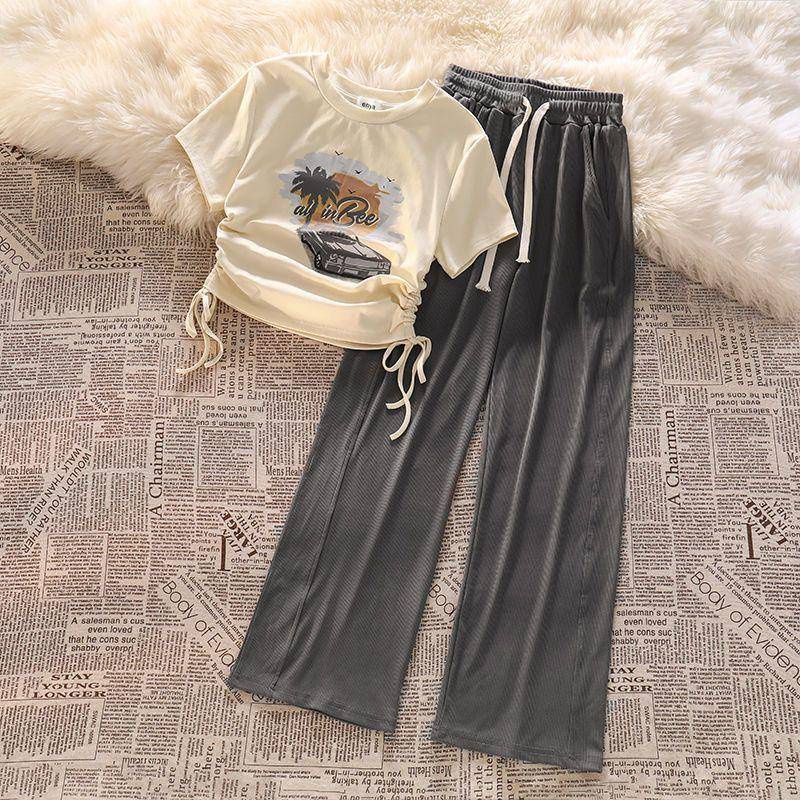 Áo Tay Ngắn Dây Rút In Hình Mỹ Mùa Thu Cho Nữ + Quần Ống Rộng Thường Ngày Và Quần 2 Chiếc