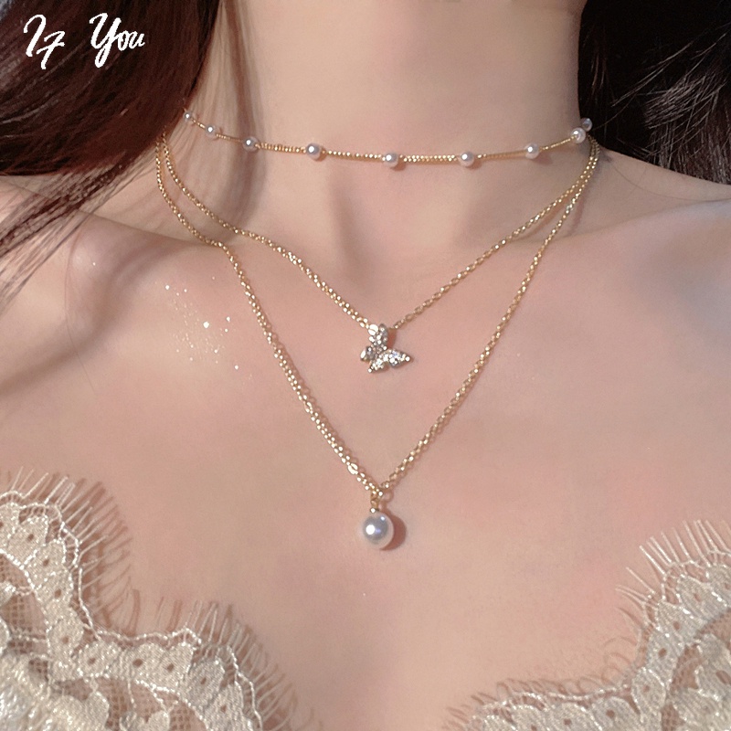 Vòng cổ Mạ Vàng Nhiều Lớp Mặt Hình Bướm Đính Ngọc Trai Thời Trang Cho Nữ
