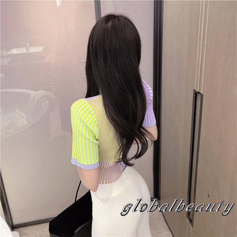 Áo dệt kim tay ngắn cổ tròn phối màu xinh xắn thời trang cho nữ