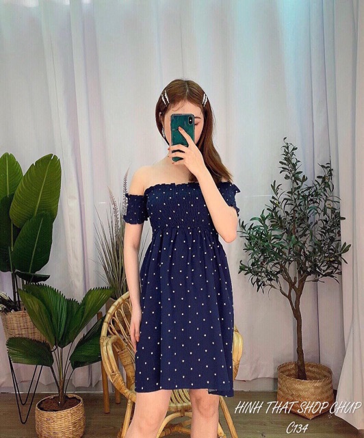 Đầm nhún chỉ bệt vai dáng xòe MH