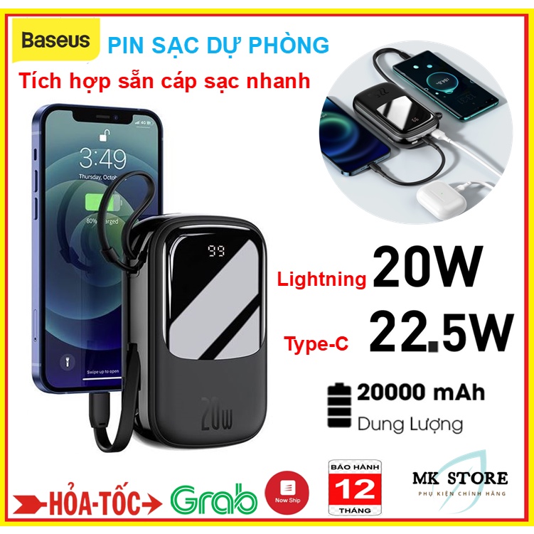 sạc dự phòng Baseus 20000mAh Sạc Nhanh 20W/22.5W Tích Hợp Sẵn Cáp Sạc , Siêu Nhỏ Gọn,Màn Hình LED