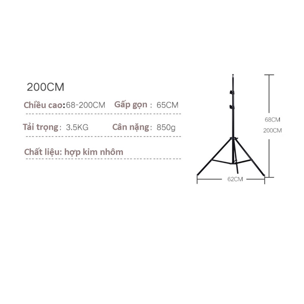 Chân đèn studio, tripod đa năng, dùng chụp ảnh, quay phim, livestream cao 2 mét, tặng kẹp điện thoại