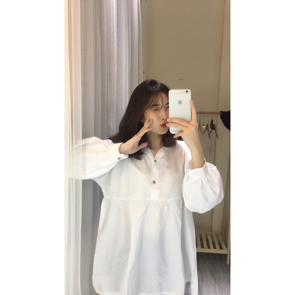 Áo sơ mi nữ babydoll form rộng oversize , Sơ mi trắng nữ giấu quần tay bồng cúc gỗ 7lucky | BigBuy360 - bigbuy360.vn