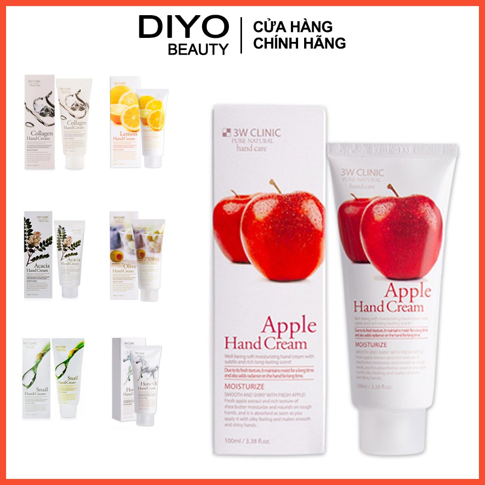 Kem Dưỡng Da Tay 3W Clinic Hand Cream 100ml Hàn Quốc Đủ Mùi Táo/ Chanh/ Olive/ Collagen /Ốc Sên/ Dầu Ngựa/ Thảo Mộc