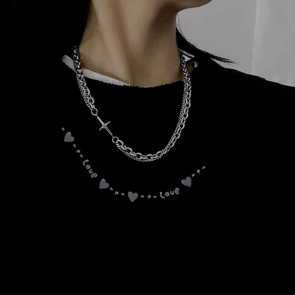 Vòng cổ Thép Titan Dày Hai Lớp Mặt Hình Học Phong Cách Hip Hop Hàn Quốc Thời Trang